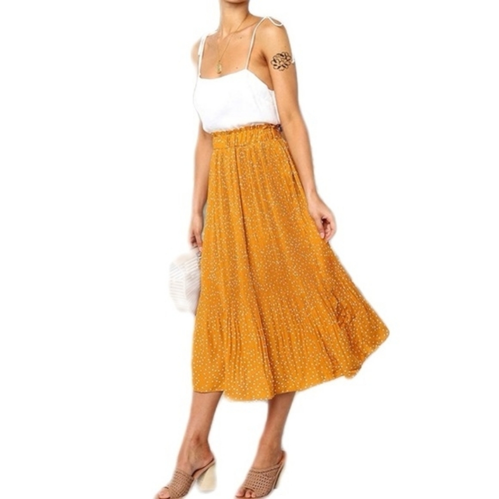 Elegant Mustard Polka Dot Midi Skirt Flare Elastic Ruffled Waist Women's 2X Boho